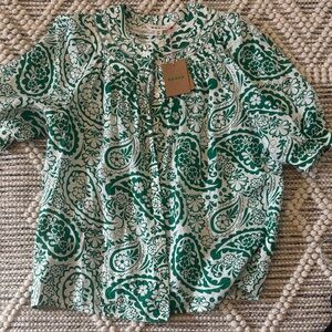 Boden Green and White Floral Top